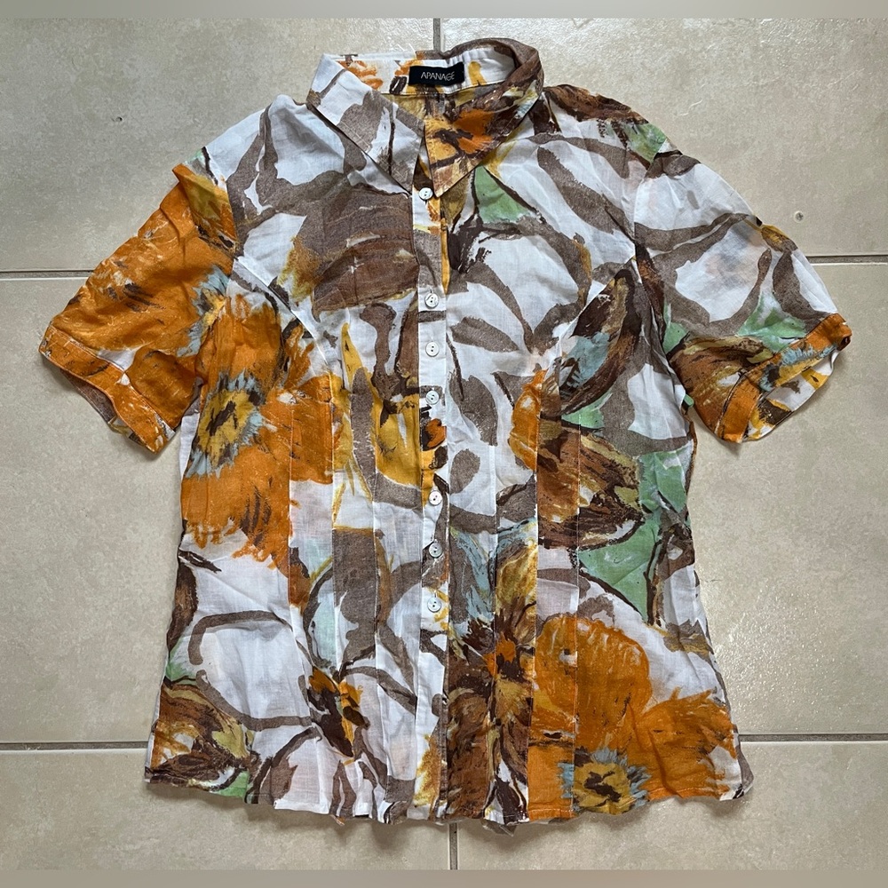 Apanage Germany Women’s Sz 12 Floral Print Short Sleeve Button Down Shirt Cotton